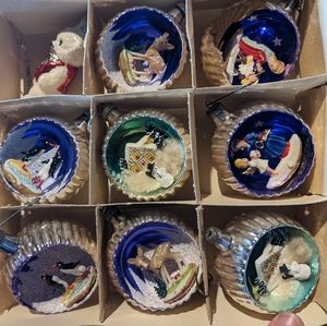Vintage MERCURY GLASS 3D DIORAMA INDENT CHRISTMAS ORNAMENTS Made in Italy